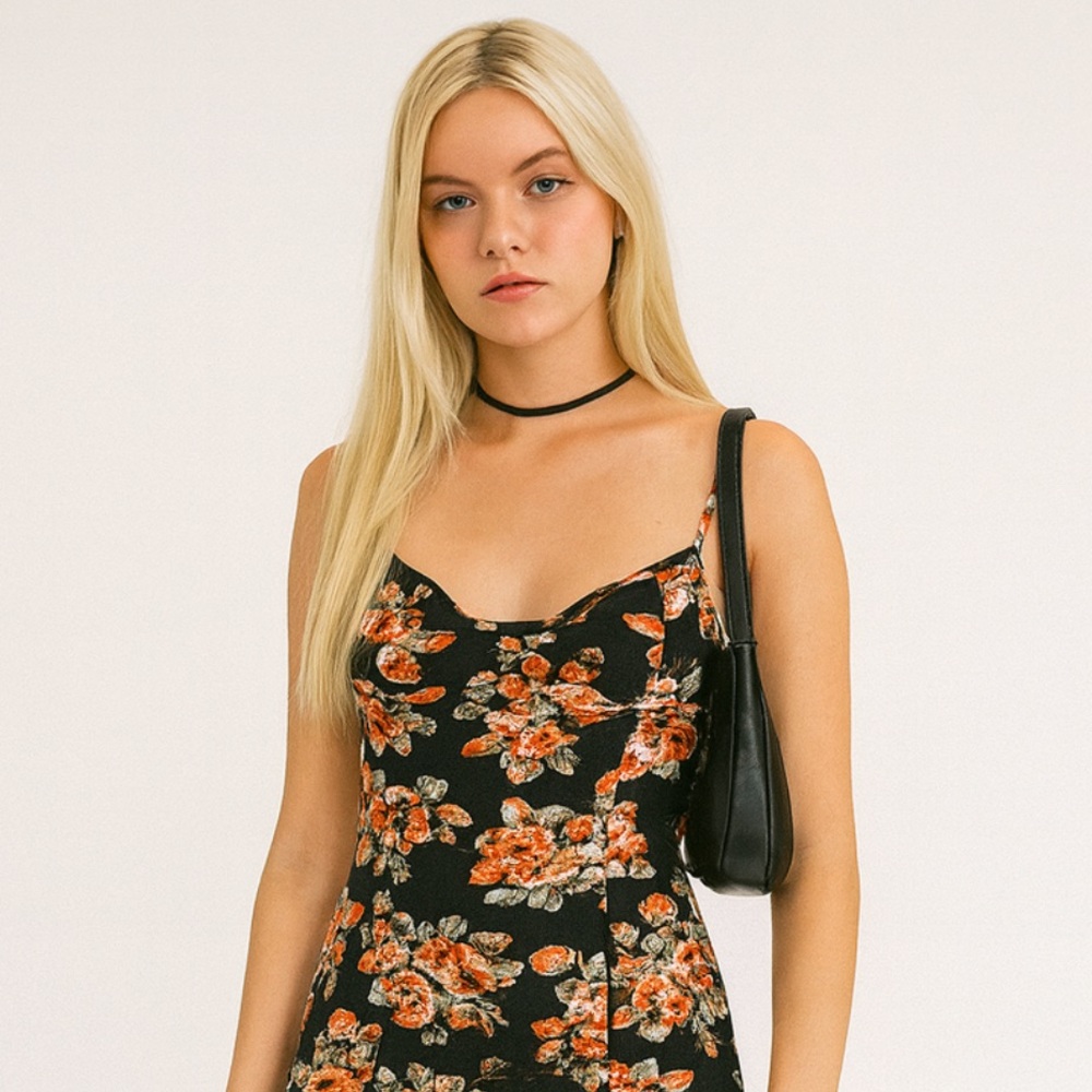Y2k Costa Blanca Black and Orange Floral tank Top medium Y2K